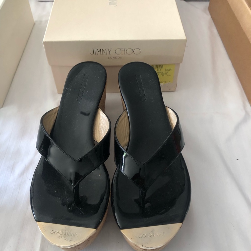 Jimmy Choo Patent Black Wedge Sandals size 38